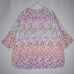 Woman Within Top 22 24 1X Multicolor Ditsy Floral Vneck 3/4 Sleeve Popover Shirt